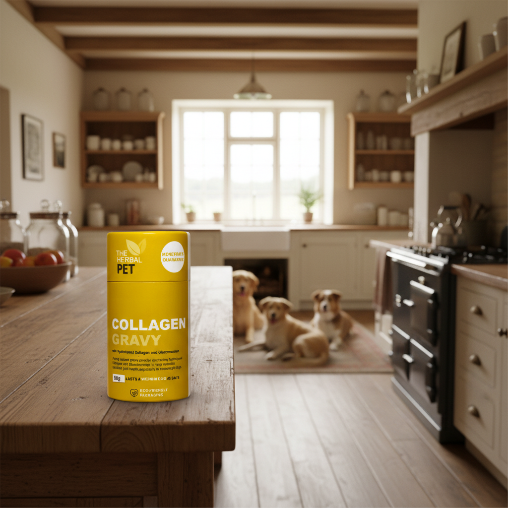 Yellow container of 'Collagen Gravy' by The Herbal Pet on a black background