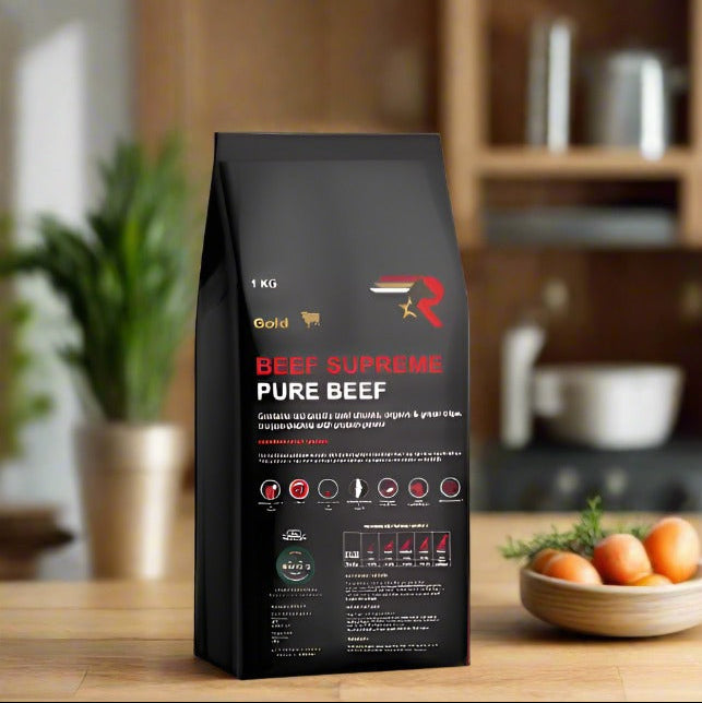 kg package of Rawvolution Beef Supreme, a complete and balanced dog food made with high-quality beef for optimal nutrition and muscle building.