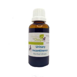 Bottle of Herbal for Dogs Urinary Incontinence herbal drops on a white background