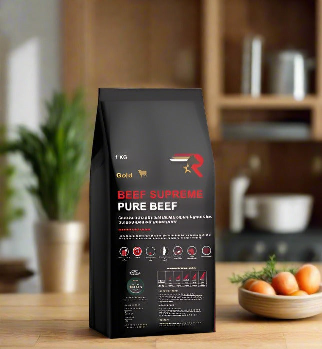 kg package of Rawvolution Beef Supreme, a complete and balanced dog food made with high-quality beef for optimal nutrition and muscle building.