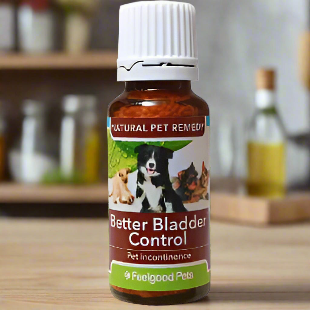 Bottle of 'Better Bladder Control' natural pet remedy with a white cap on a white background.