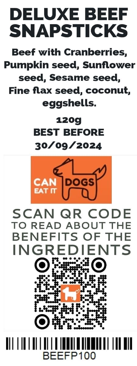 Deluxe Beef snapsticks with cranberries, pumpkin seed, sunflower seed, sesame seed, fine flax seed, coconut & eggshells (120g)